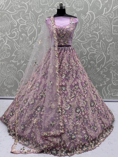 Spectacular Lilac Net Floral Embroidered Function Wear Lehenga Choli